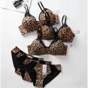 Conjunto de corpiño y bombacha estampado leopardo, copa C, con aro, talles: corpiño 38-44, bombacha M/L, 6 conjuntos por paquete OPP