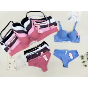 Conjunto de corpiño y bombacha de copa fina, copa B, con aro, talles: corpiño 36-42B, bombacha L/XL, 12 conjuntos por paquete OPP, 6 colores